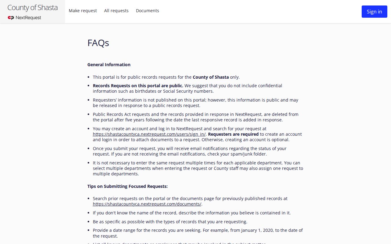 Shasta County NextRequest FAQ
