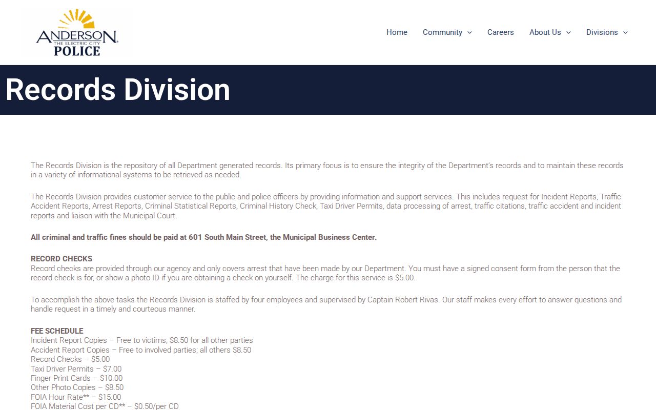 Anderson Police Department Records Division official page