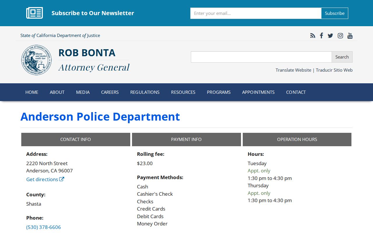 California Department of Justice Anderson Police Department contact listing