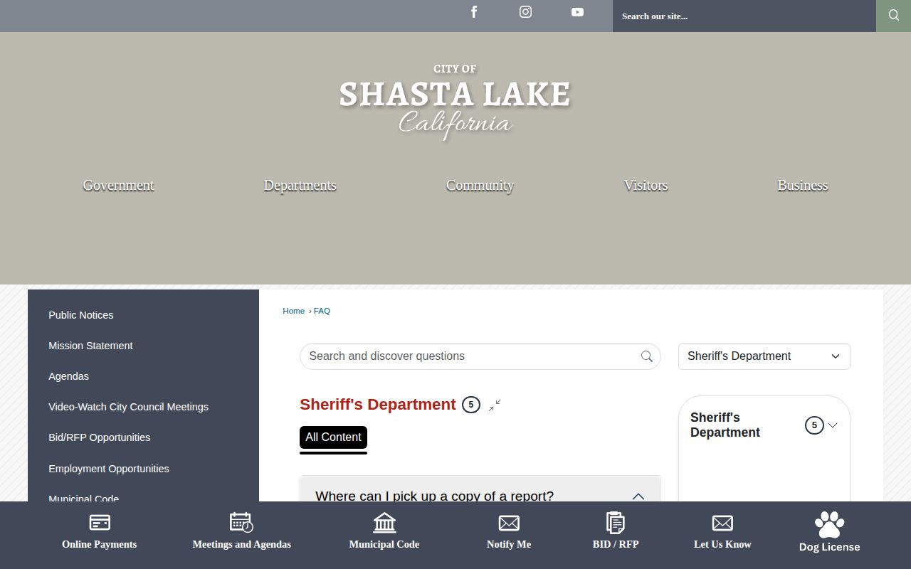 City of Shasta Lake records FAQ for Sheriff reports