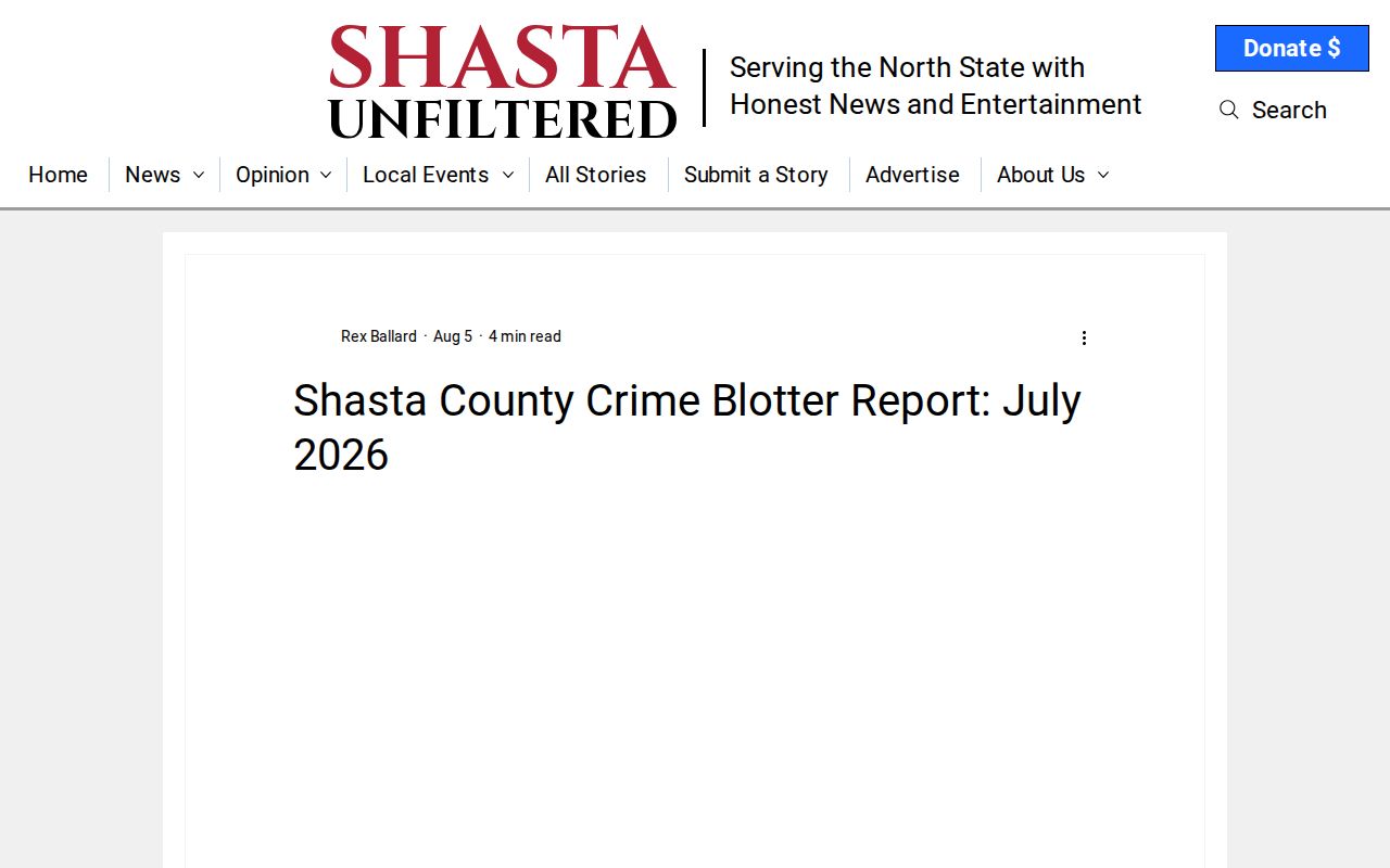 Unofficial Shasta County crime blotter used as a secondary arrest report source